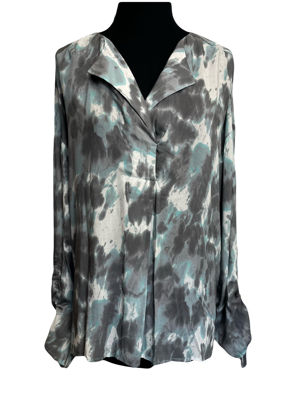 B New York | NEW Teal Gray Scrunched Cuff Printed V-Neck Blouse, XL